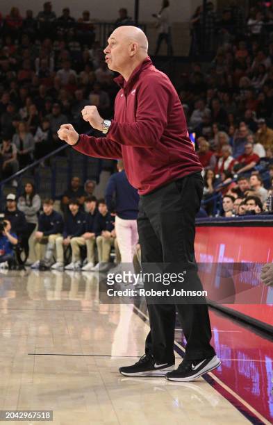 Head coach Herb Sendek of the Santa Clara Broncos gives instructions to his team during the first half of the game against the Gonzaga Bulldogs at...