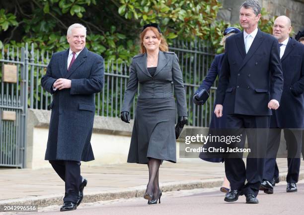 Prince Andrew, Duke of York, and Sarah, Duchess of York attend the Thanksgiving Service for King Constantine of the Hellenes at St George's Chapel on...