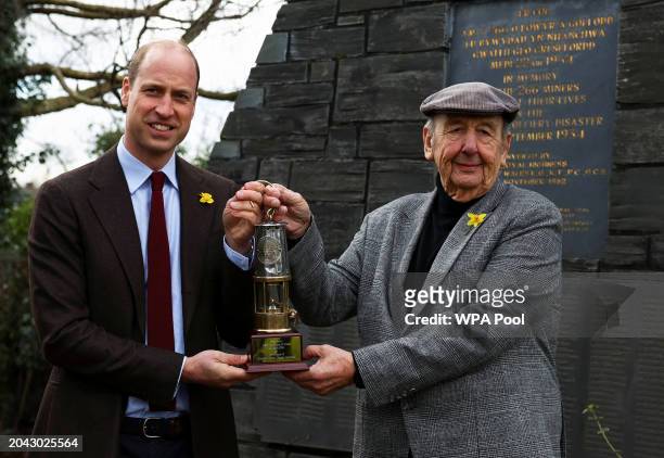 Prince William, Prince Of Wales poses with Alan Jones chairman of Gresford disaster memorial during a visit to the Gresford Colliery Disaster...