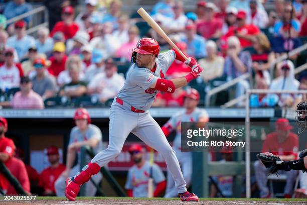 Dylan Carlson of the St. Louis Cardinals at bat during a spring training game against the Miami Marlins at Roger Dean Stadium on February 26, 2024 in...