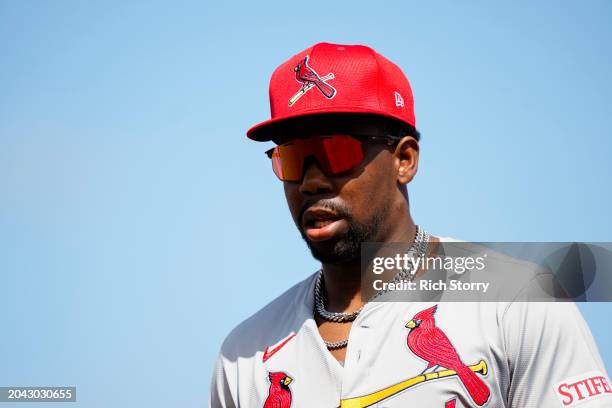 Jordan Walker of the St. Louis Cardinals looks on during a spring training game against the Miami Marlins at Roger Dean Stadium on February 26, 2024...