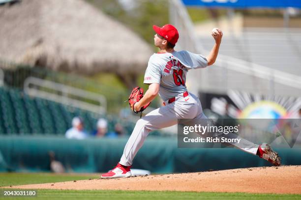 Sem Robberse of the St. Louis Cardinals throws a pitch against the Miami Marlins during a spring training game at Roger Dean Stadium on February 26,...