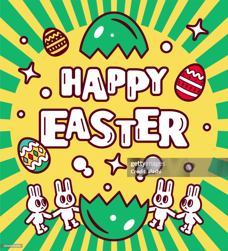 Happy Easter, Easter Bunnies Holding Hands, Easter Greetings Popped Out of a Cracked Easter Egg