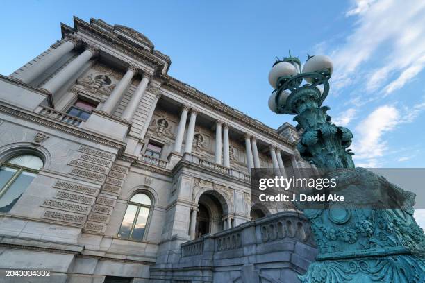 The Thomas Jefferson Building of the Library of Congress stands behind an ornate light marking the entrance on February 26 in Washington, DC.