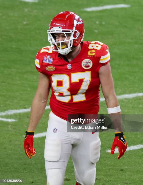 Tight end Travis Kelce of the Kansas City Chiefs reacts after making a catch against the San Francisco 49ers in the third quarter of Super Bowl LVIII...