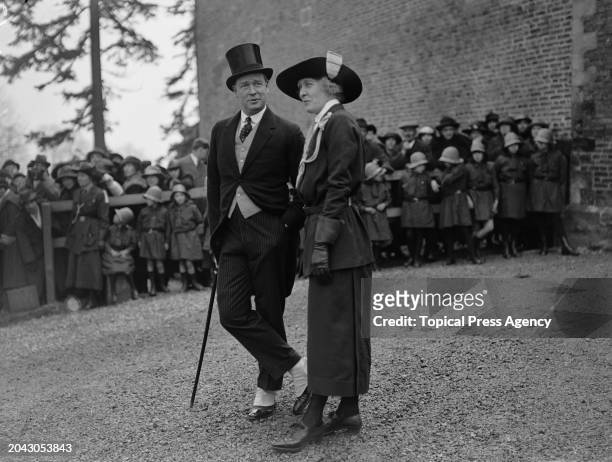 Lady Evelyn Anne Collins and a guest attend the christening of George, the 7th Earl of Harewood, at St Mary's Church, Goldsborough, UK, 25th March...