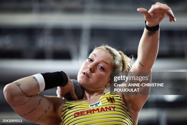 Germany's Alina Kenzel competes in the Women's Shot Put final during the Indoor World Athletics Championships in Glasgow, Scotland, on March 1, 2024.