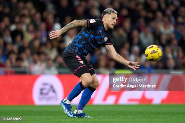 Lucas Ocampos of Sevilla FC in action during the LaLiga EA Sports match between Real Madrid CF and Sevilla FC at Estadio Santiago Bernabeu on...