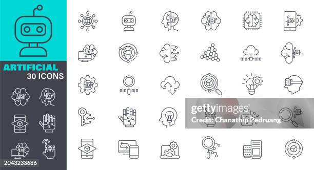 ilustraciones, imágenes clip art, dibujos animados e iconos de stock de conjunto de iconos vectoriales de línea de inteligencia artificial. píxel perfecto. trazo editable. el conjunto contiene iconos: innovación, aprendizaje automático, chatbot ilustración de stock. icono símbolo, tecnología, robot, cerebro - robot icon set
