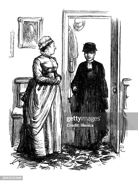 british satire caricature comic cartoon illustration - woman entering home stock illustrations