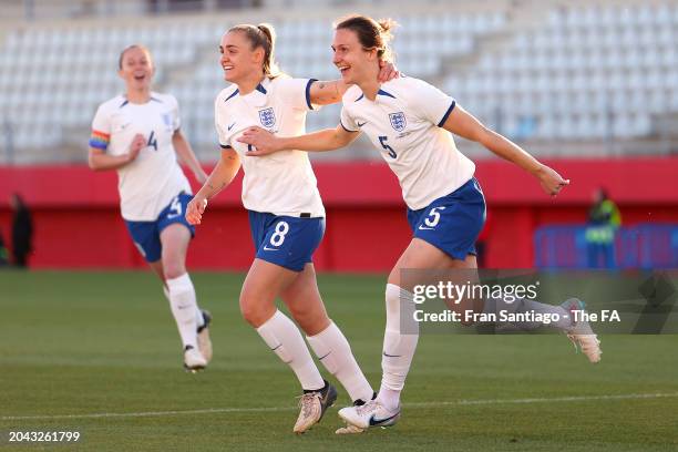 Lotte Wubben-Moy of England celebrates with teammate Georgia Stanway after scoring her team's first goal during the Women's international friendly...
