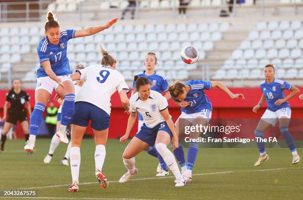 Lotte Wubben-Moy of England scores her team's first goal during the Women's international friendly match between England and Italy at Estadio Nuevo...