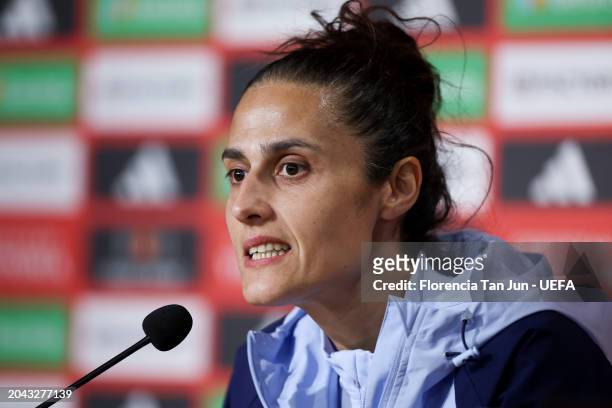 Montserrat Tome, Head Coach of Spain, speaks to the media during Spain Press Conference at Estadio La Cartuja on February 27, 2024 in Seville, Spain.