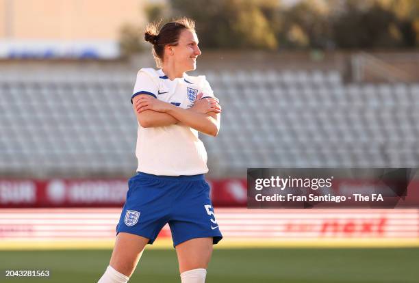 Lotte Wubben-Moy of England celebrates scoring her team's first goal during the Women's international friendly match between England and Italy at...