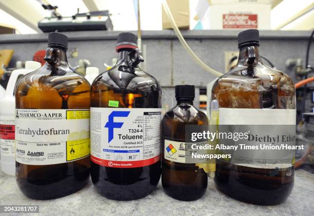 Solvents in the lab of Eric Block, a chemistry professor at UAlbany, on Monday, Feb. 6, 2012 in Albany, N.Y. Block is researching artificial...