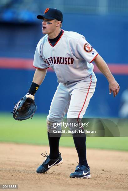 Snow of the San Francisco Giants plays first base during the game against the San Diego Padres at Qualcomm Stadium on Opening Day, March 31, 2003 in...