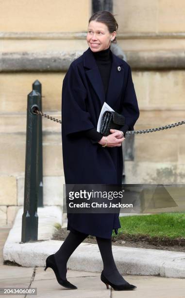Lady Sarah Chatto departs the Thanksgiving Service for King Constantine of the Hellenes at St George's Chapel on February 27, 2024 in Windsor,...