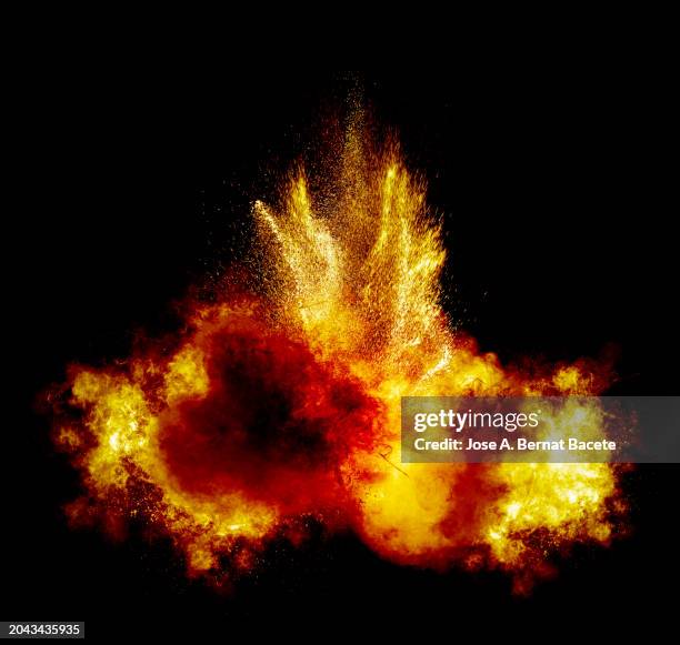 multiple ascending explosions of smoke and fire upon impact on a black background. - bom stockfoto's en -beelden