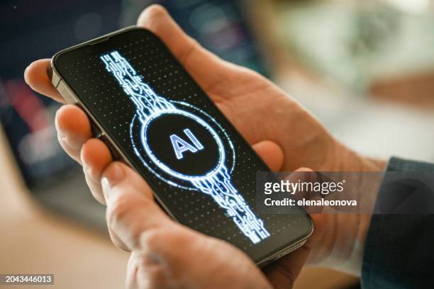 artificial intelligence icon on digital screen - human hand 3d stock pictures, royalty-free photos & images
