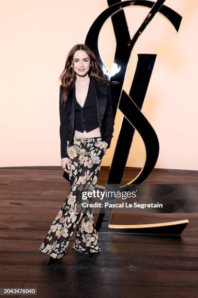 Lily Collins attends the Saint Laurent Womenswear Fall/Winter 2024-2025 show as part of Paris Fashion Week on February 27, 2024 in Paris, France.