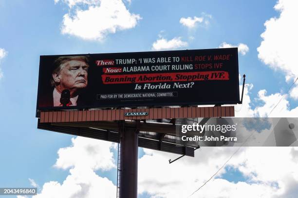 Billboard sponsored by the The Democratic National Committee is seen on February 27, 2024 in Miami, Florida. The Democratic National Committee is...