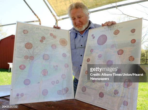 Larry Syzdek, an aerobiologist who counts pollen for a national database, holds up charts of different pollens at his farm on Friday, May 3, 2013 in...