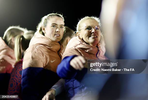 Sarina Wiegman, Manager of England, and Grace Clinton of England look on following the Women's international friendly match between England and Italy...