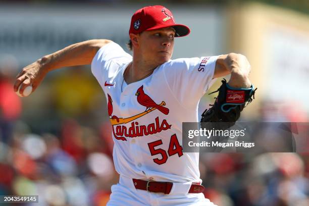 Sonny Gray of the St. Louis Cardinals pitches against the Boston Red Sox during the first inning of a spring training game at Roger Dean Stadium on...