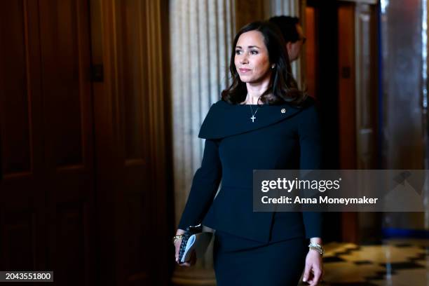 Sen. Katie Britt walks to a luncheon with Senate Republicans at the U.S. Capitol Building on February 27, 2024 in Washington, DC. U.S. President Joe...