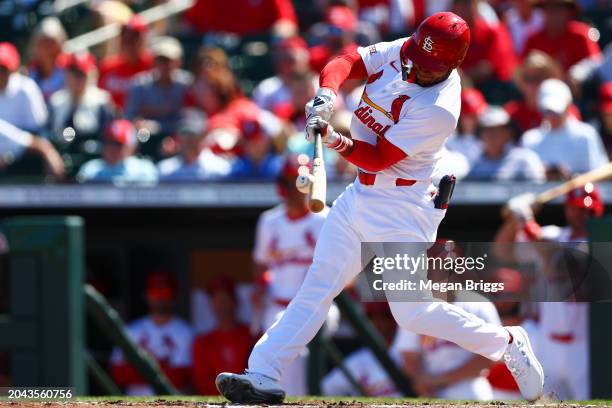 Victor Scott II of the St. Louis Cardinals at bat against the Boston Red Sox during the third inning of a spring training game at Roger Dean Stadium...