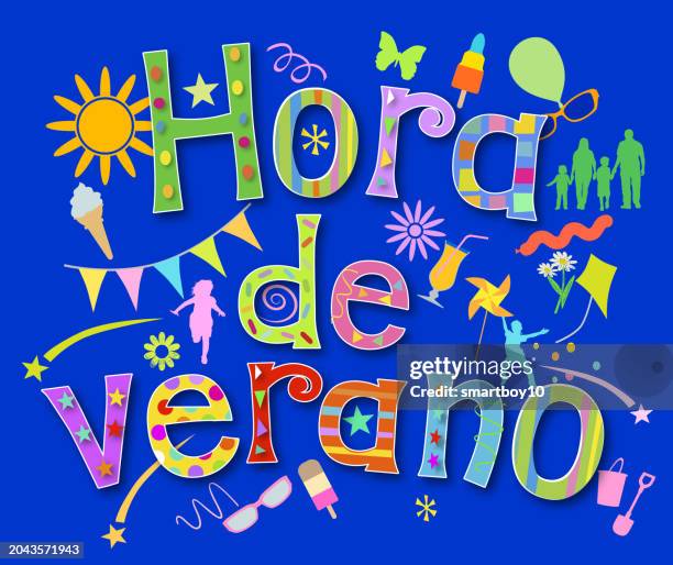 summer time in spanish, hora de verano - paper windmill stock illustrations