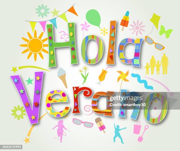 hello summer in spanish, hola verano - paper windmill stock illustrations