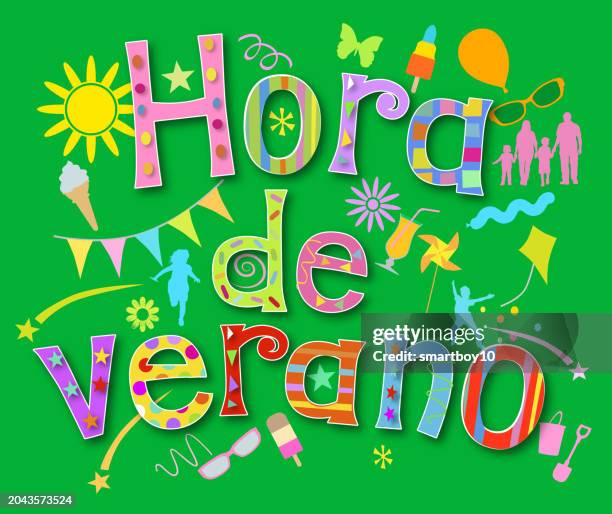 summer time in spanish, hora de verano - paper windmill stock illustrations