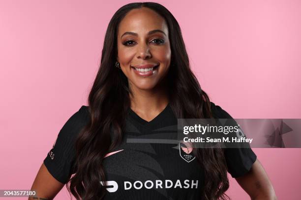 Sydney Leroux of Angel City FC poses for a portrait on February 08, 2024 in Los Angeles, California.