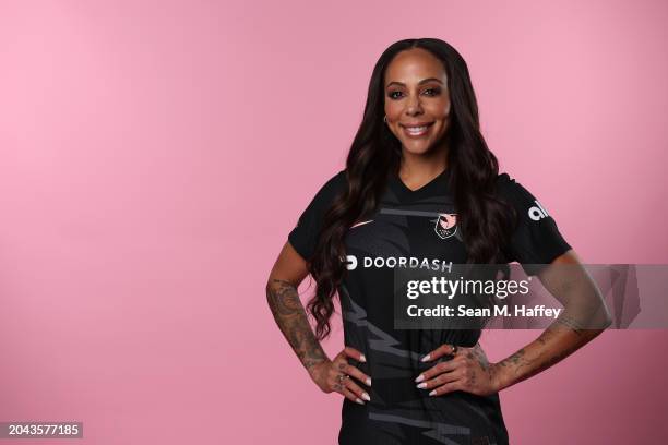Sydney Leroux of Angel City FC poses for a portrait on February 08, 2024 in Los Angeles, California.