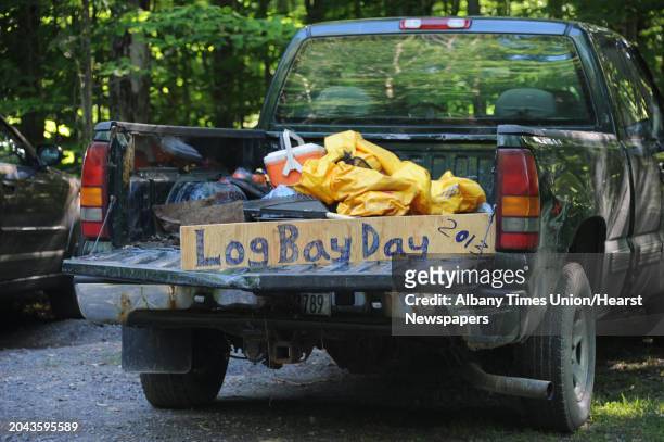 Pick up truck in a parking lot displays a sign for Log Bay Day which took place on Lake George on Monday, July 29, 2013 in Bolton, N.Y.