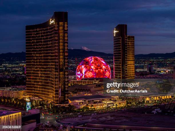 aerial view of the sphere, a new entertainment venue on the las vegas strip - las vegas hotel stock pictures, royalty-free photos & images