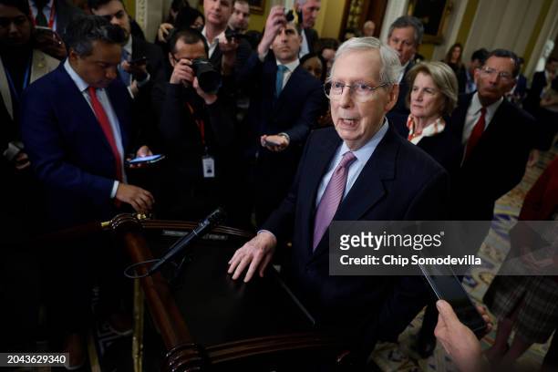 Senate Minority Leader Mitch McConnell talks to reporters following the weekly Senate Republican caucus policy luncheon at the U.S. Capitol on...