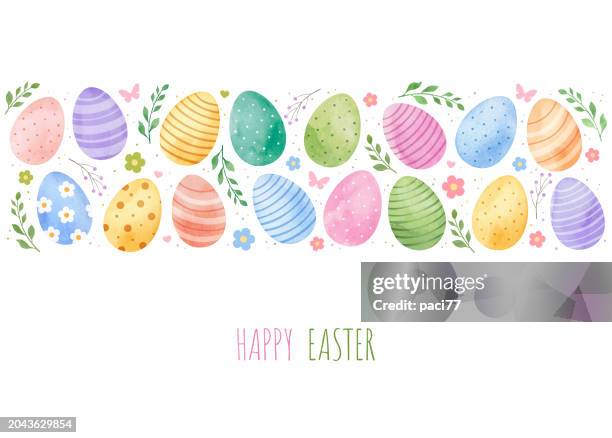 ilustraciones, imágenes clip art, dibujos animados e iconos de stock de tarjeta de felicitación de pascua con huevos dibujados en acuarela - huevo de pascua