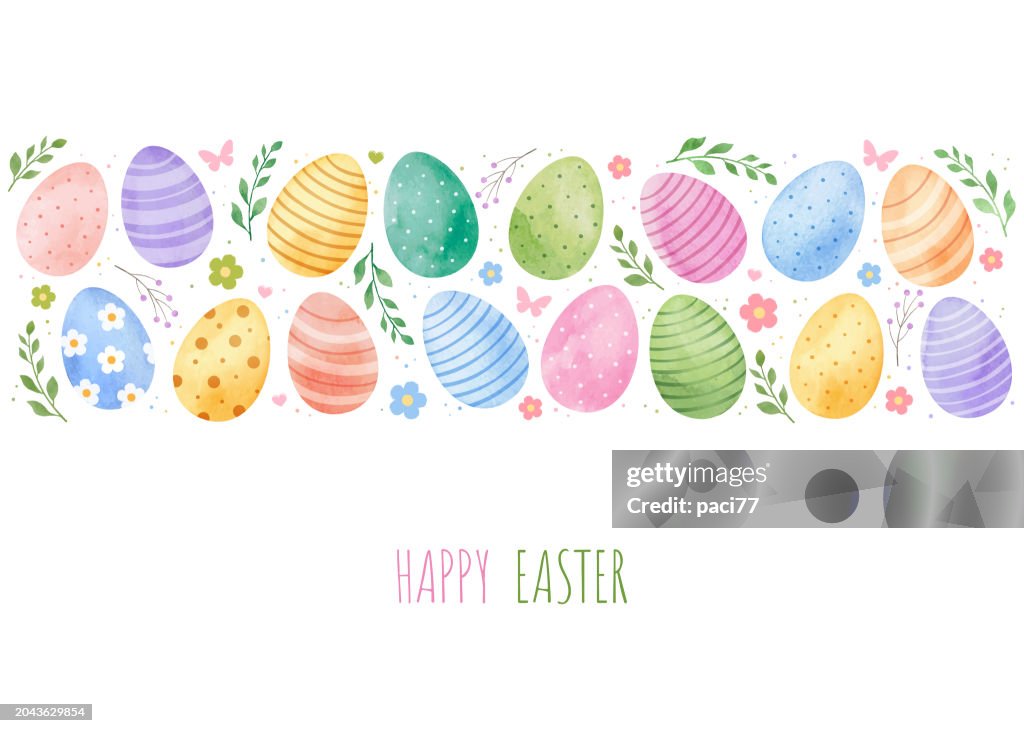 Easter greeting card with watercolor drawn eggs