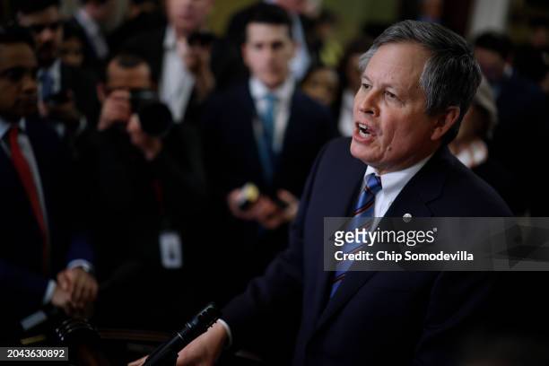 Sen. Steve Daines talks to reporters following the weekly Senate Republican caucus policy luncheon at the U.S. Capitol on February 27, 2024 in...