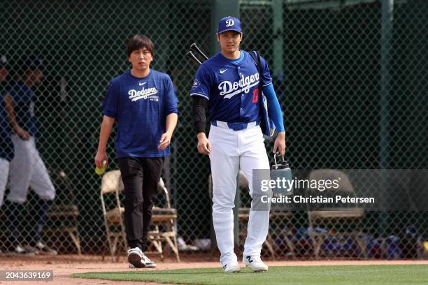 Shohei Ohtani of the Los Angeles Dodgers prepares for a game against the Chicago White Sox at Camelback Ranch on February 27, 2024 in Glendale,...