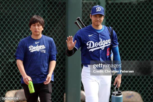 Shohei Ohtani of the Los Angeles Dodgers prepares for a game against the Chicago White Sox at Camelback Ranch on February 27, 2024 in Glendale,...