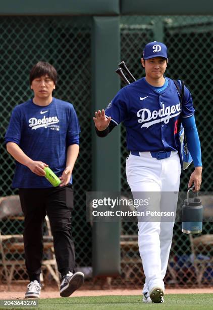 Shohei Ohtani of the Los Angeles Dodgers prepares for a game against the Chicago White Sox at Camelback Ranch on February 27, 2024 in Glendale,...