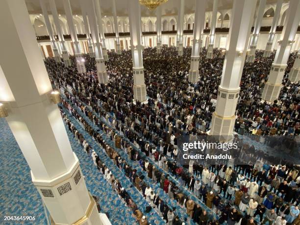 Large number of people perform friday prayers at Djamaa el Djazair, also known as the Great Mosque of Algiers, the world's third biggest mosque in...