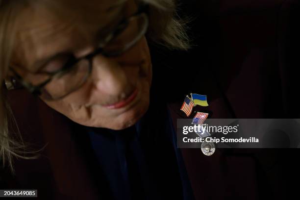 Sen. Maggie Hassan wears lapel pins with U.S., Ukraine and Israel flags while talking to reporters following the weekly Senate Democrat caucus policy...
