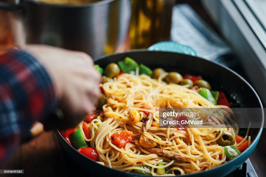 Preparing Mediterranean Canned Mackerel Spaghetti Pasta