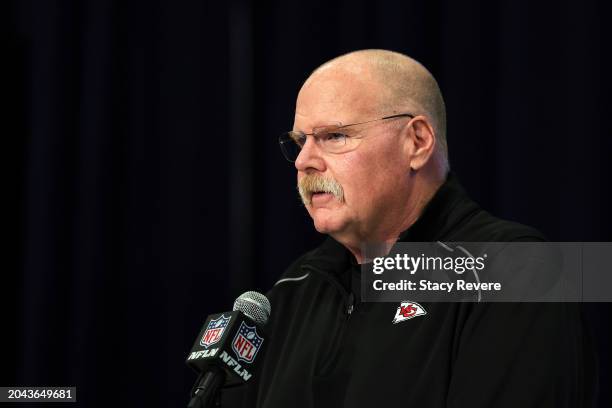 Head coach Andy Reid of the Kansas City Chiefs speaks to the media during the NFL Combine at the Indiana Convention Center on February 27, 2024 in...