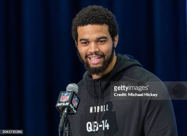 Caleb Williams #QB14 of the Southern California Trojans speaks to the media during the 2024 NFL Draft Combine at Lucas Oil Stadium on March 01, 2024...