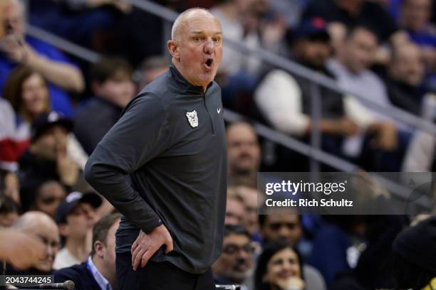 Head coach Thad Matta of the Butler Bulldogs reacts during a game against the Seton Hall Pirates at Prudential Center on February 24, 2024 in Newark,...